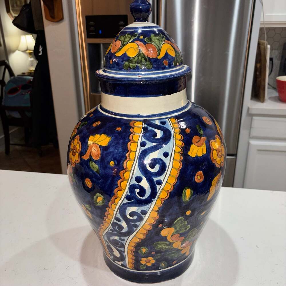Hand-Painted Mexican Talavera Ceramic Floral Ginger Jar Urn with Lid 20.5”